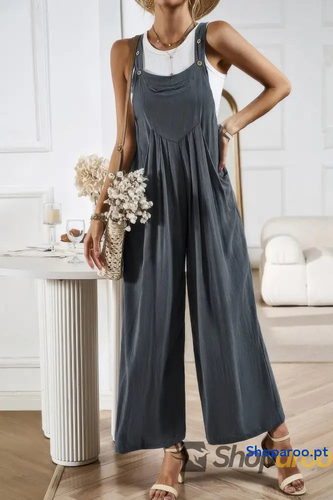Solid Wide Leg Pocketed Shoulder Tie Overalls