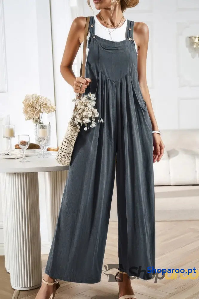 Solid Wide Leg Pocketed Shoulder Tie Overalls