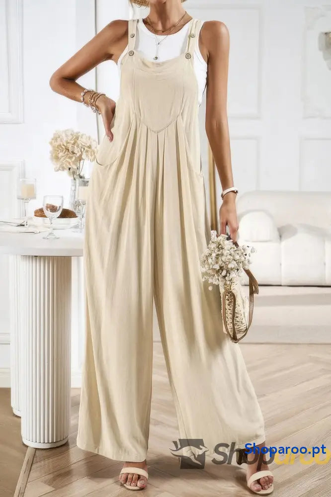 Solid Wide Leg Pocketed Shoulder Tie Overalls