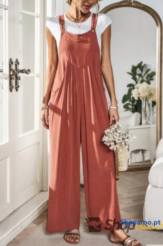 Solid Wide Leg Pocketed Shoulder Tie Overalls