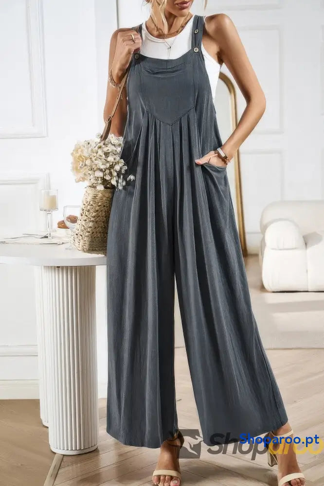 Solid Wide Leg Pocketed Shoulder Tie Overalls