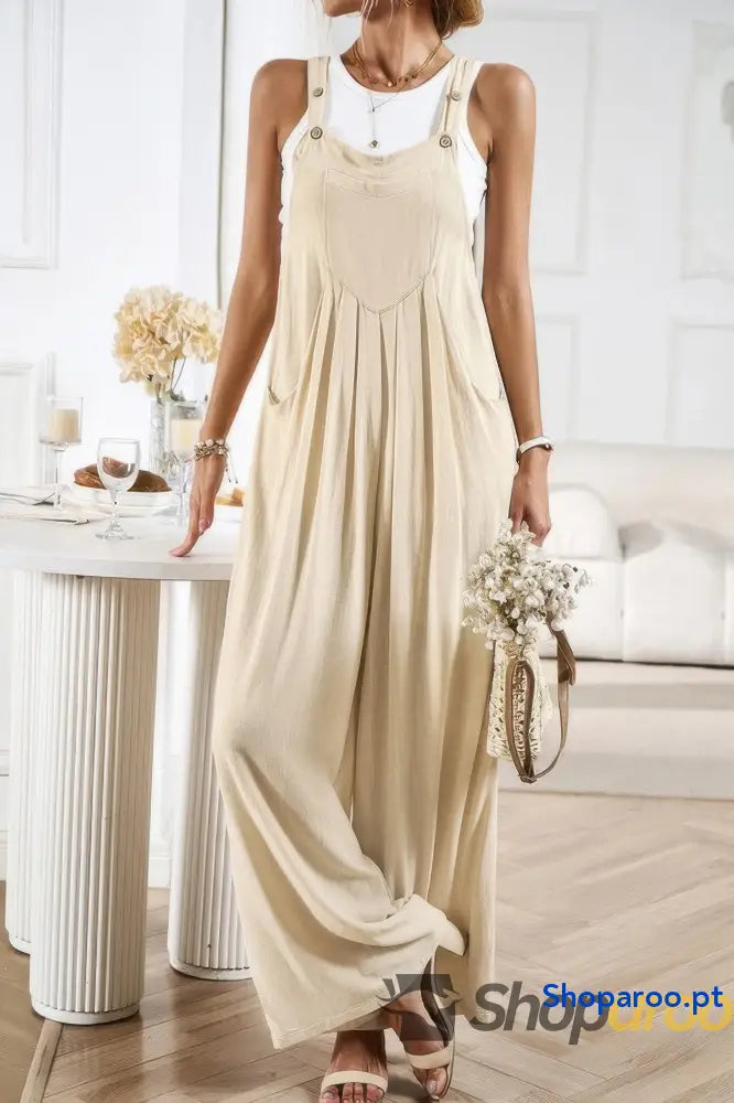 Solid Wide Leg Pocketed Shoulder Tie Overalls