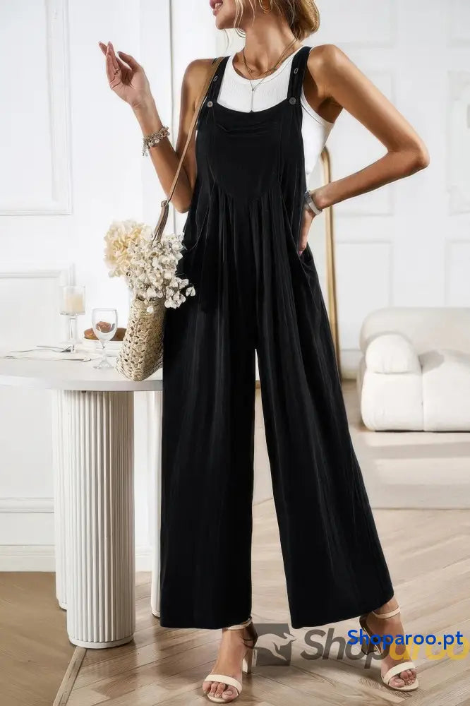 Solid Wide Leg Pocketed Shoulder Tie Overalls