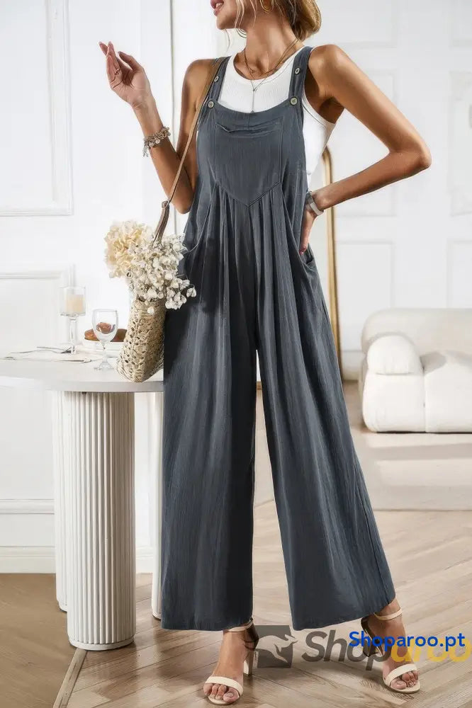 Solid Wide Leg Pocketed Shoulder Tie Overalls
