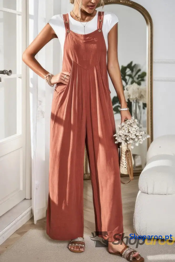 Solid Wide Leg Pocketed Shoulder Tie Overalls