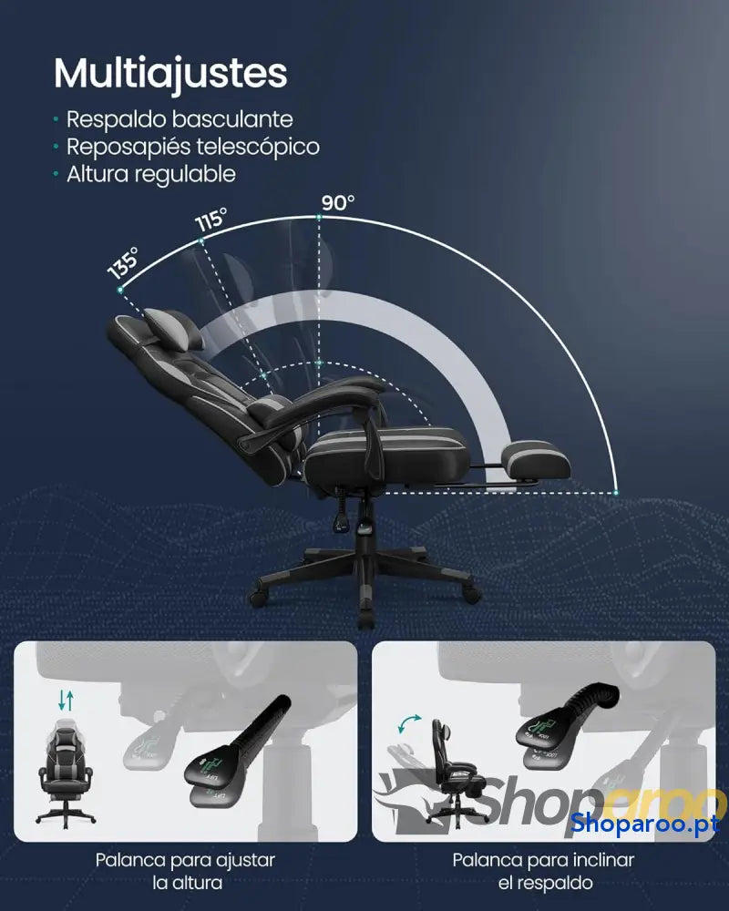 SONGMICS Cadeira de escritório cadeira jogos ergonómica com apoio para os pés telescópico encosto ajustável cabeça
