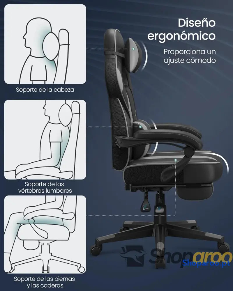 SONGMICS Cadeira de escritório cadeira jogos ergonómica com apoio para os pés telescópico encosto ajustável cabeça