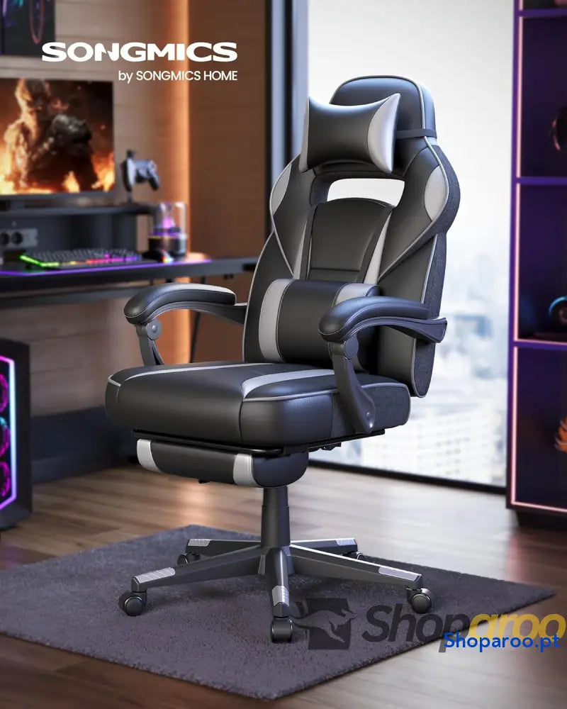 SONGMICS Cadeira de escritório cadeira jogos ergonómica com apoio para os pés telescópico encosto ajustável cabeça
