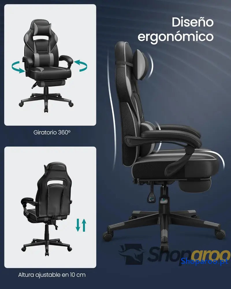 SONGMICS Cadeira de escritório cadeira jogos ergonómica com apoio para os pés telescópico encosto ajustável cabeça
