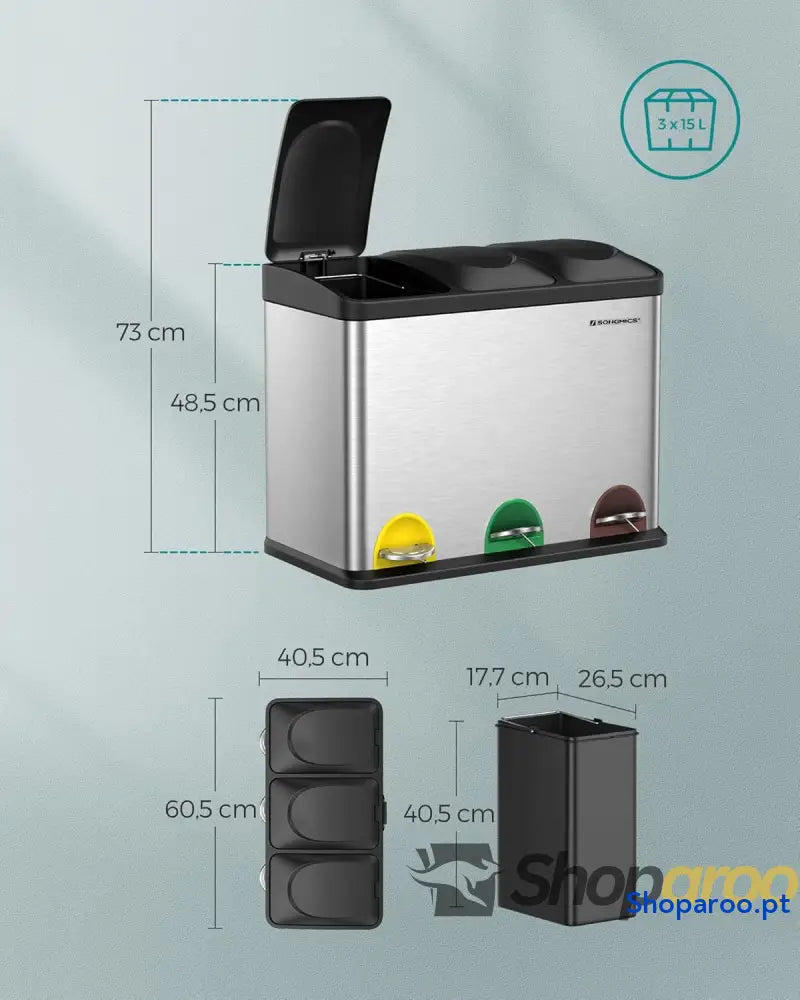 Caixote do Lixo Triplo SONGMICS 45L em Aço Inoxidável com Pedal
