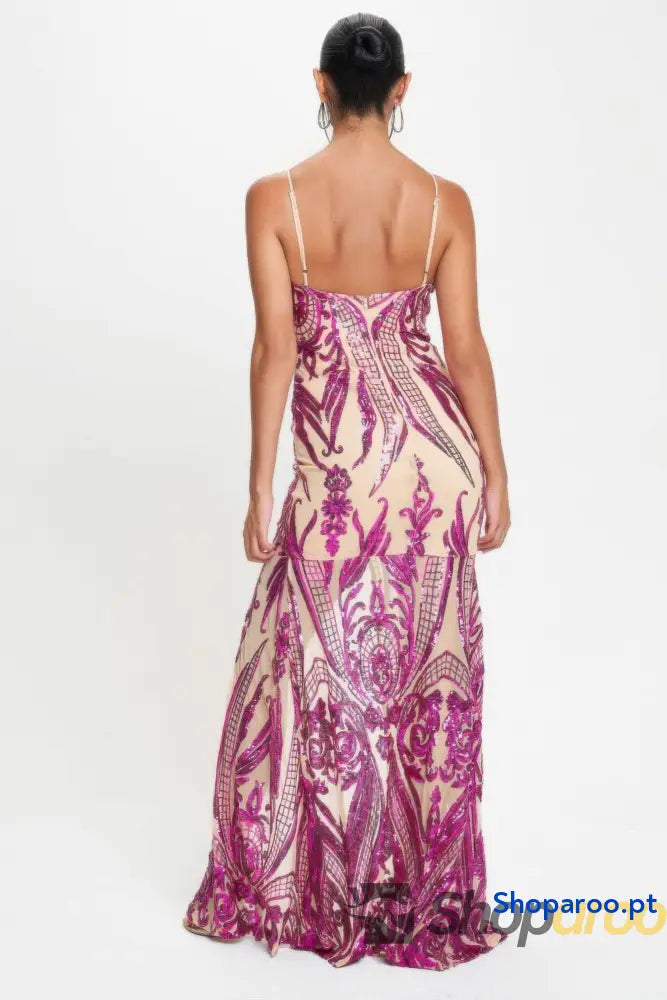 Vestido comprido com alças finas e lantejoulas Art Déco