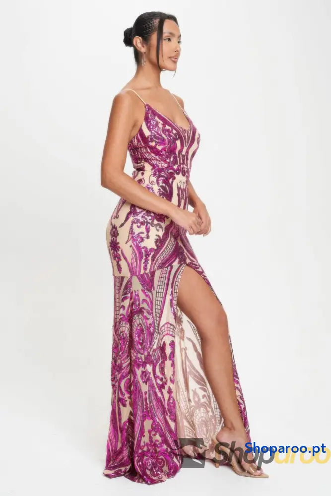 Vestido longo Art Déco com lantejoulas e alças finas