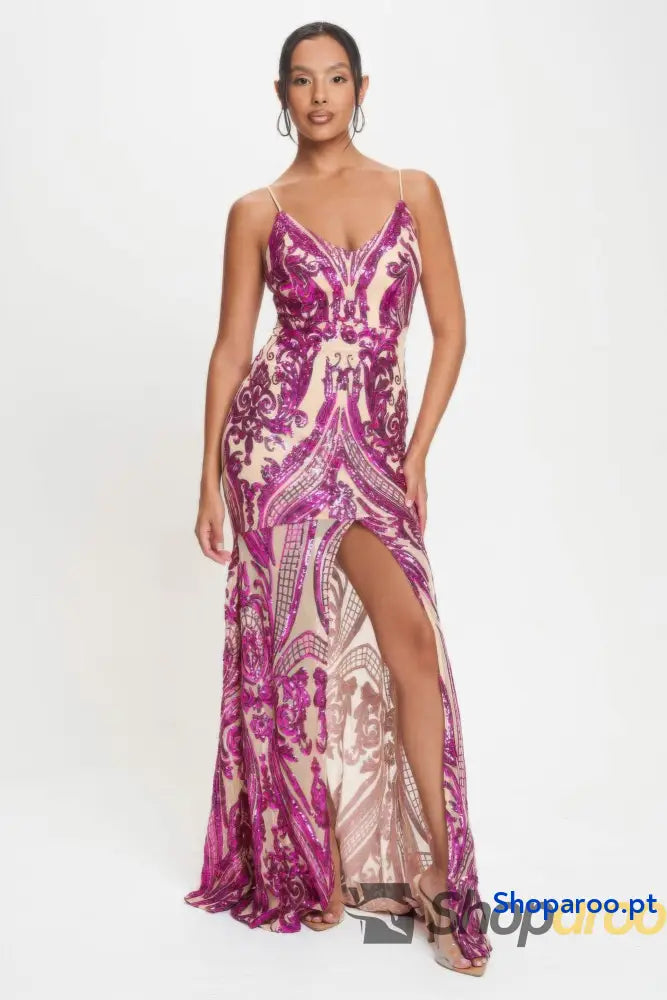 Vestido longo Art Déco com lantejoulas e alças finas