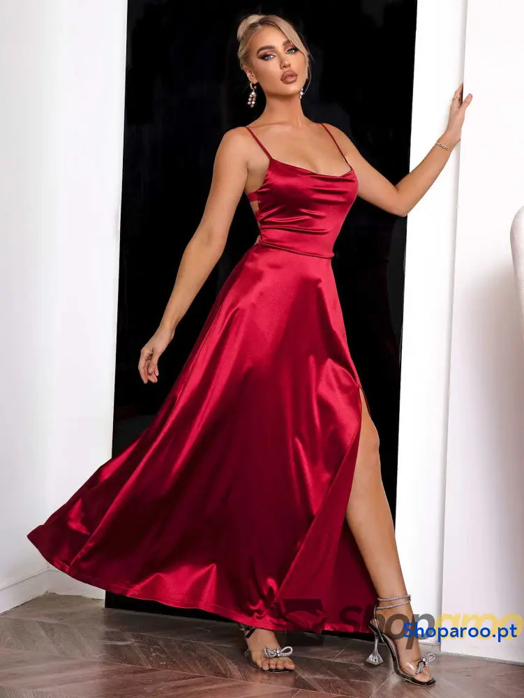 Spaghetti Strap Lace-Up Back Split Dress