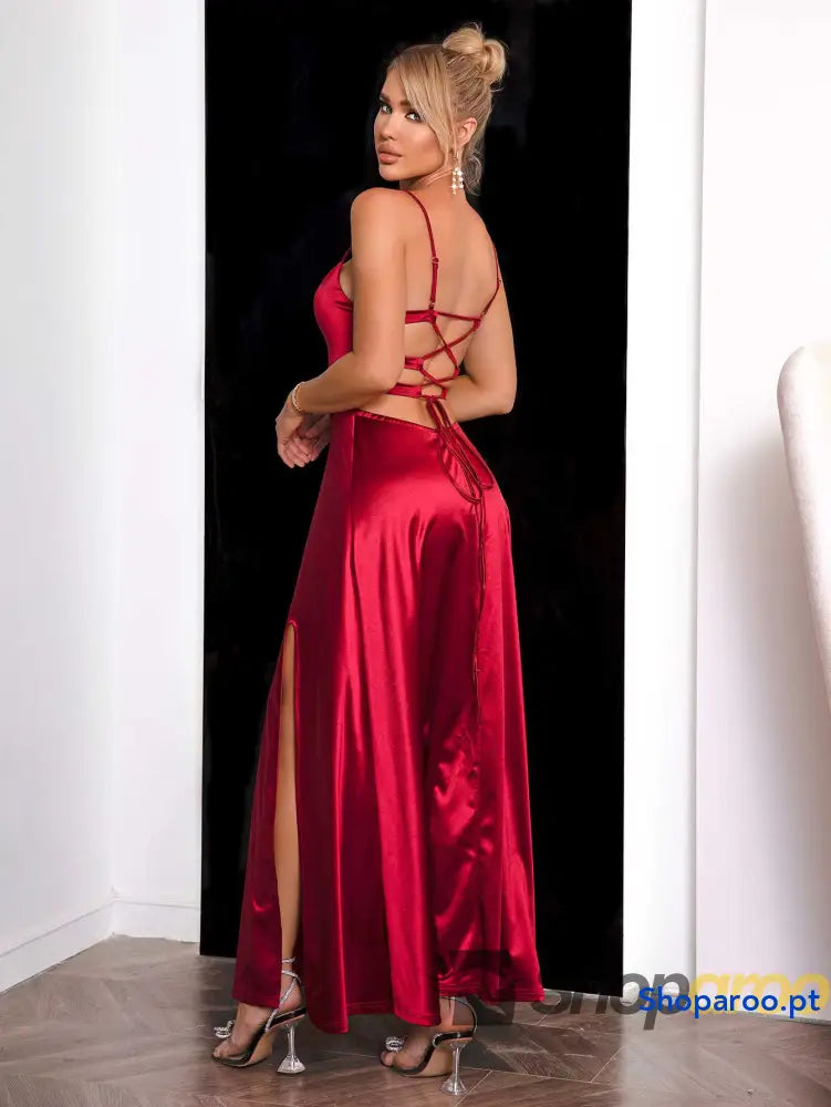 Spaghetti Strap Lace-Up Back Split Dress