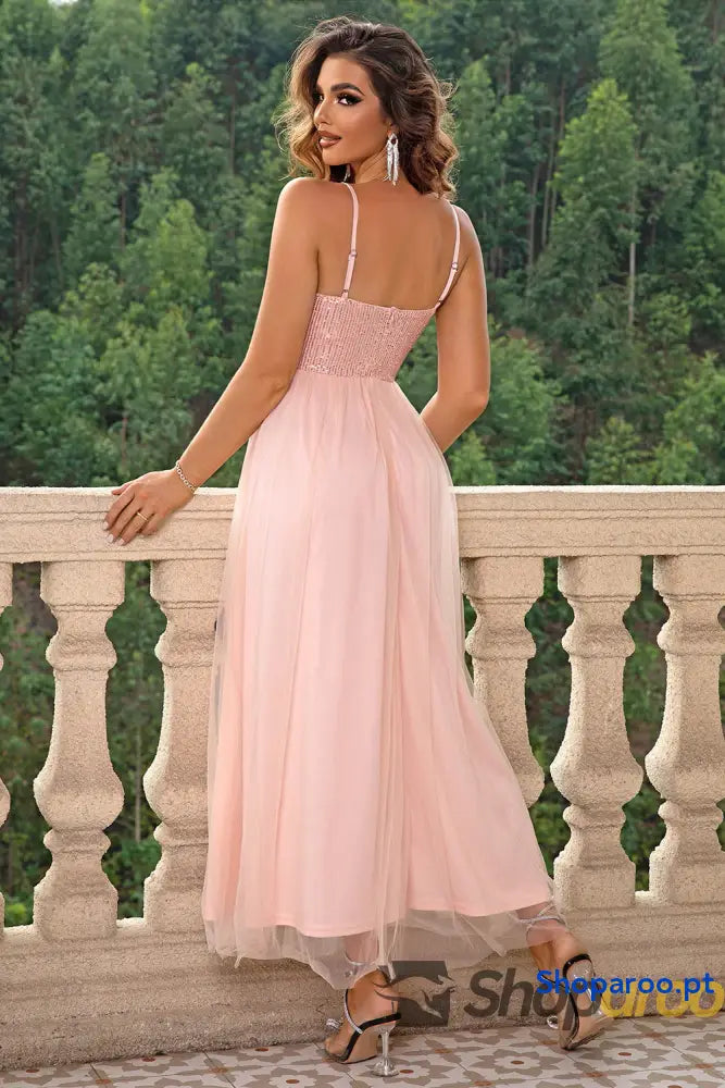Spaghetti Strap Slit Mesh Dress