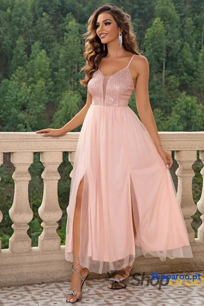 Spaghetti Strap Slit Mesh Dress