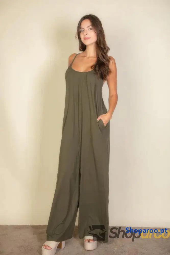 Macacão largo liso com alças finas - Verde