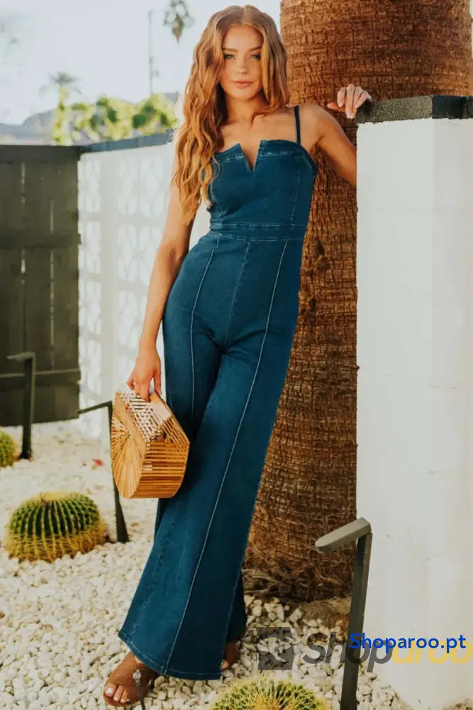 Spaghetti Strap Wide Leg Denim Jumpsuit