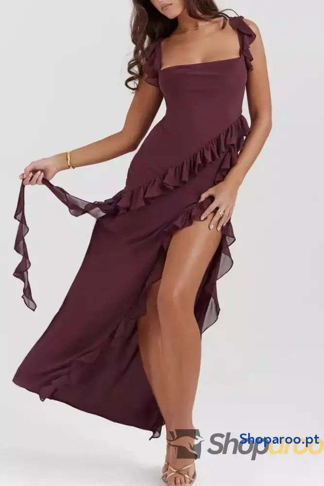 Split Ruffled Square Neck Maxi Dress