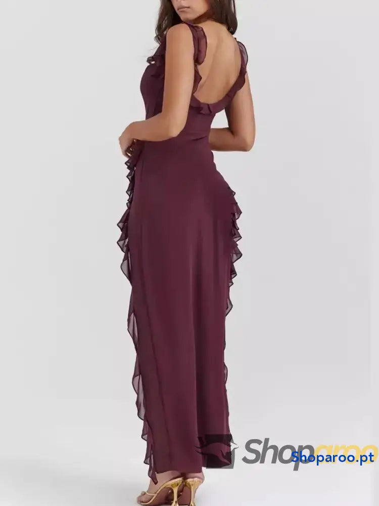 Split Ruffled Square Neck Maxi Dress