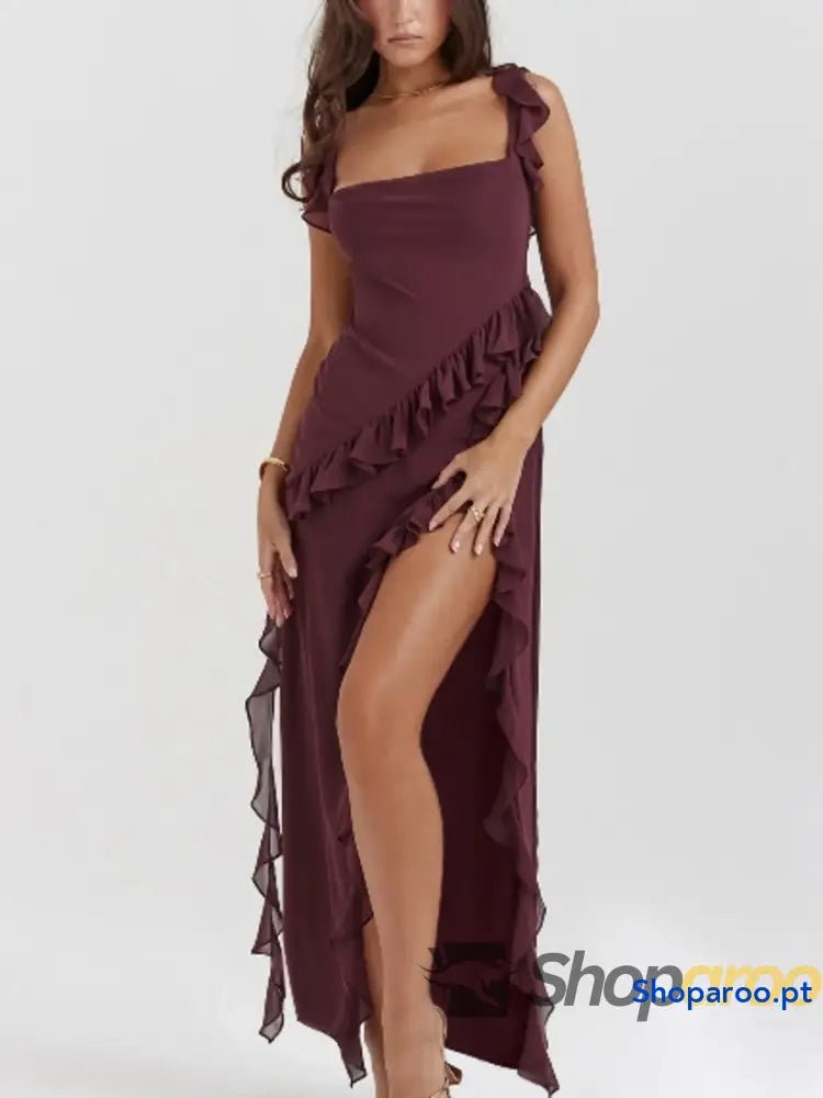 Split Ruffled Square Neck Maxi Dress