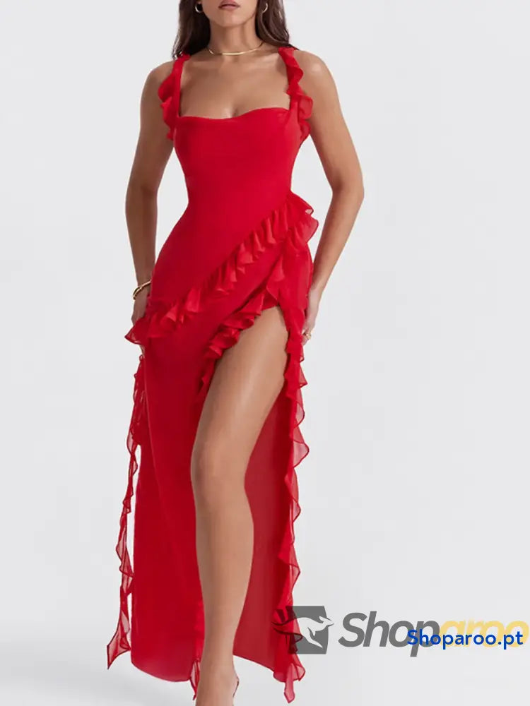 Split Ruffled Square Neck Maxi Dress