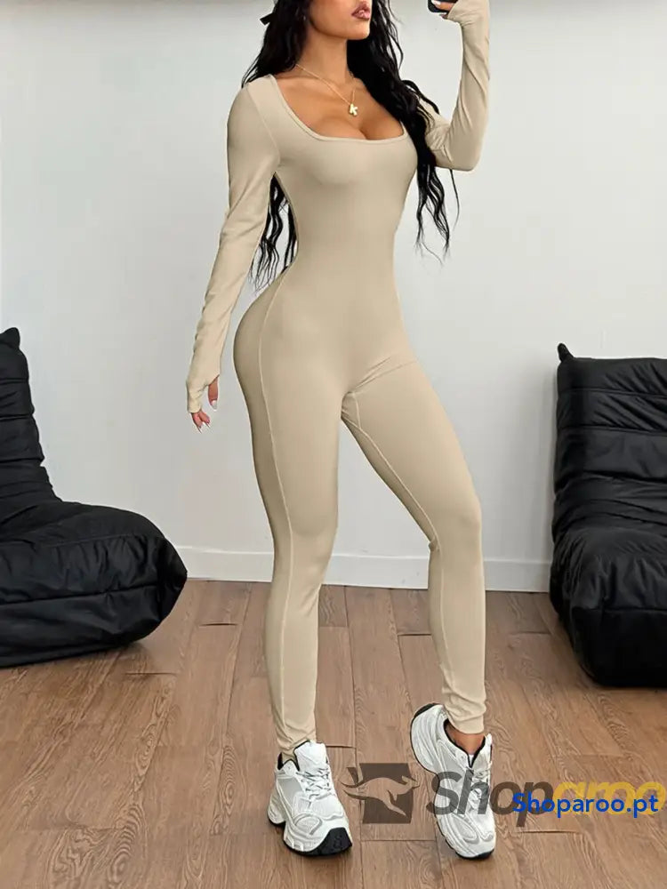 Square Neck Long Sleeve Active Jumpsuit