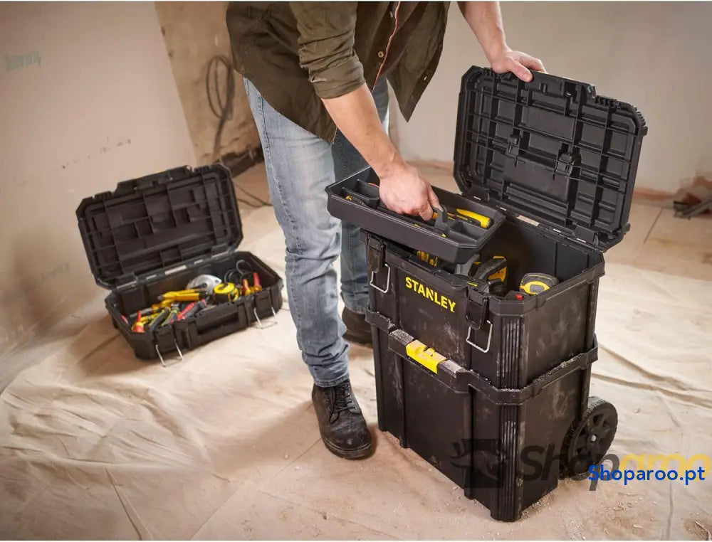 STANLEY Oficina móvel 3 em 1 compacta porta ferramentas integrado 80 L de capacidade total carga 45 kg alça telescópica