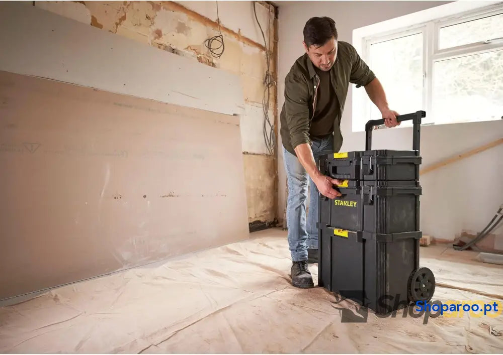 STANLEY Oficina móvel 3 em 1 compacta porta ferramentas integrado 80 L de capacidade total carga 45 kg alça telescópica