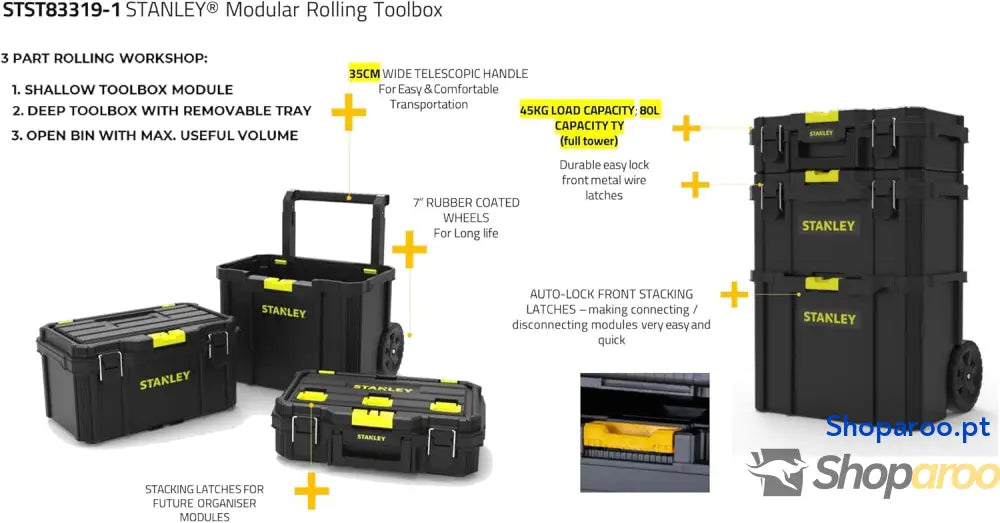 STANLEY Oficina móvel 3 em 1 compacta porta ferramentas integrado 80 L de capacidade total carga 45 kg alça telescópica
