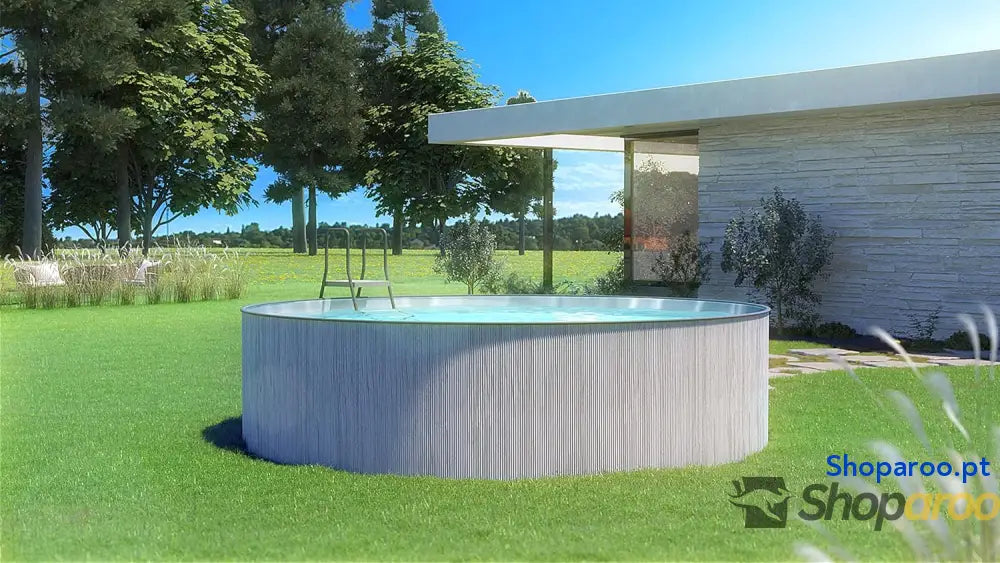 Steinbach Piscina de parede aço New Splasher Secure 011002G Ø 350 x 90 m piscina redonda com aspeto madeira cinzento