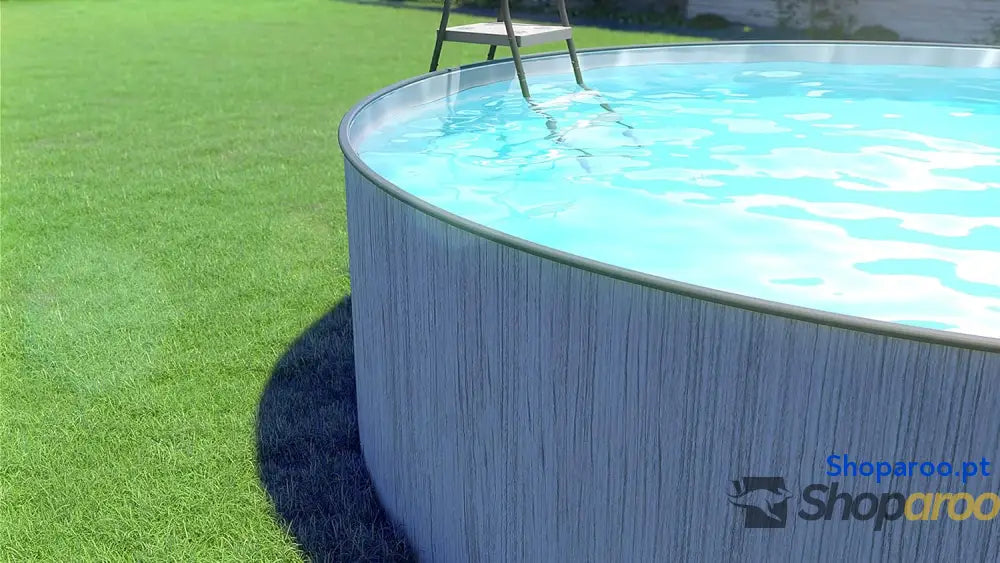 Steinbach Piscina de parede aço New Splasher Secure 011002G Ø 350 x 90 m piscina redonda com aspeto madeira cinzento