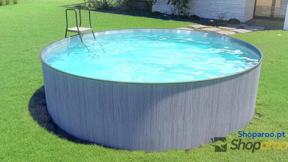 Steinbach Piscina de parede aço New Splasher Secure 011002G Ø 350 x 90 m piscina redonda com aspeto madeira cinzento