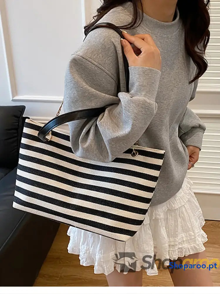 Striped Shoulder Bag with Chain Detail