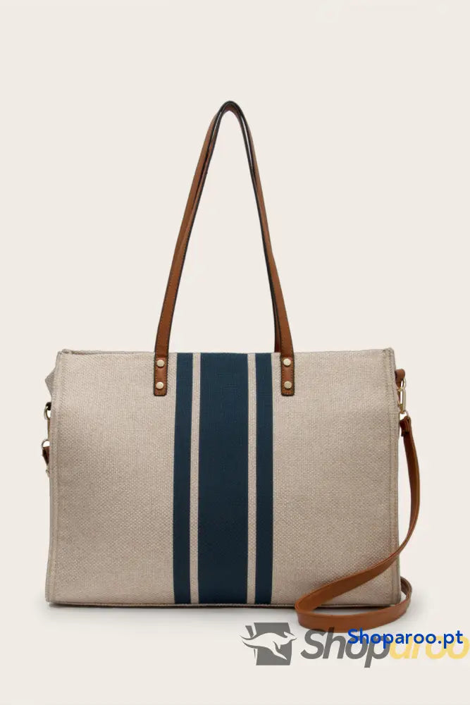 Mala listrada Tote Bag grande em algodão linho e poliéster