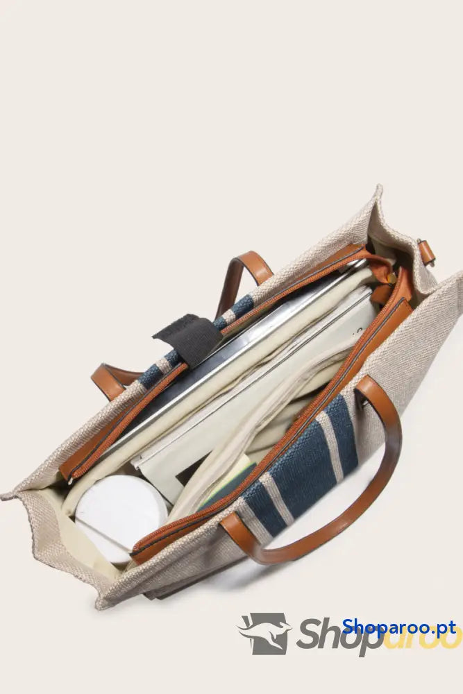 Mala listrada Tote Bag grande em algodão linho e poliéster
