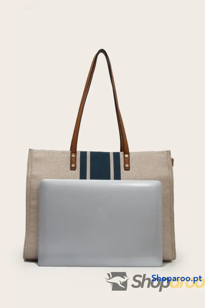 Mala listrada Tote Bag grande em algodão linho e poliéster