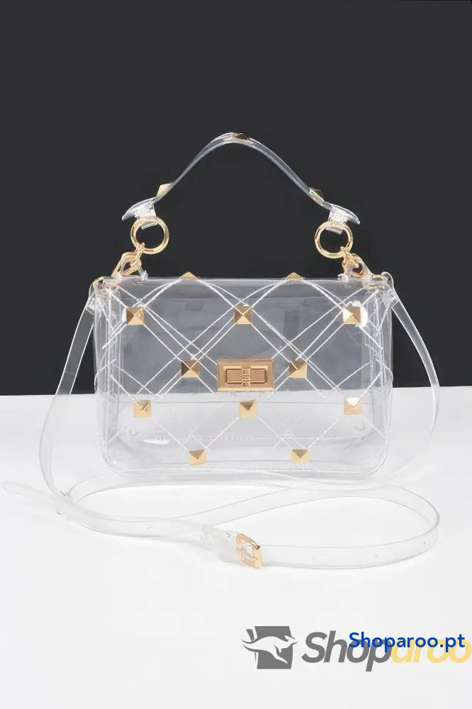 Bolsa estruturada transparente com alça metálica e tons iridescentes