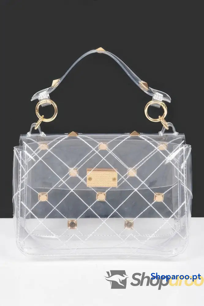 Bolsa estruturada transparente com alça metálica e tons iridescentes