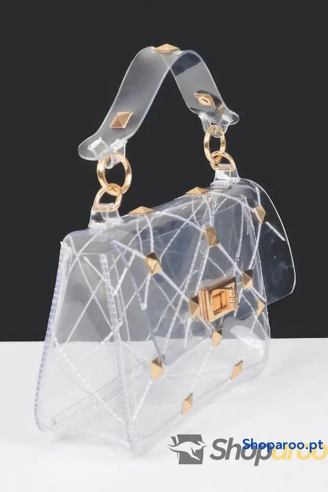 Bolsa estruturada transparente com alça metálica e tons iridescentes