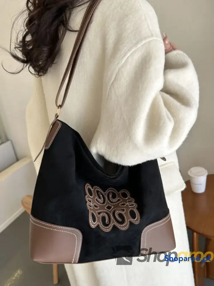 Suede Patch Adjustable Strap Tote Bag
