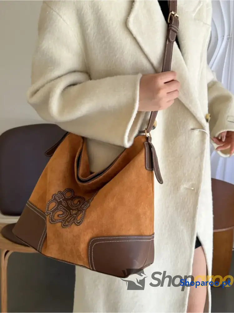 Suede Patch Adjustable Strap Tote Bag