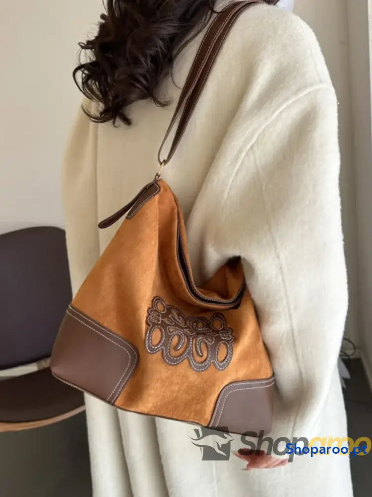 Suede Patch Adjustable Strap Tote Bag