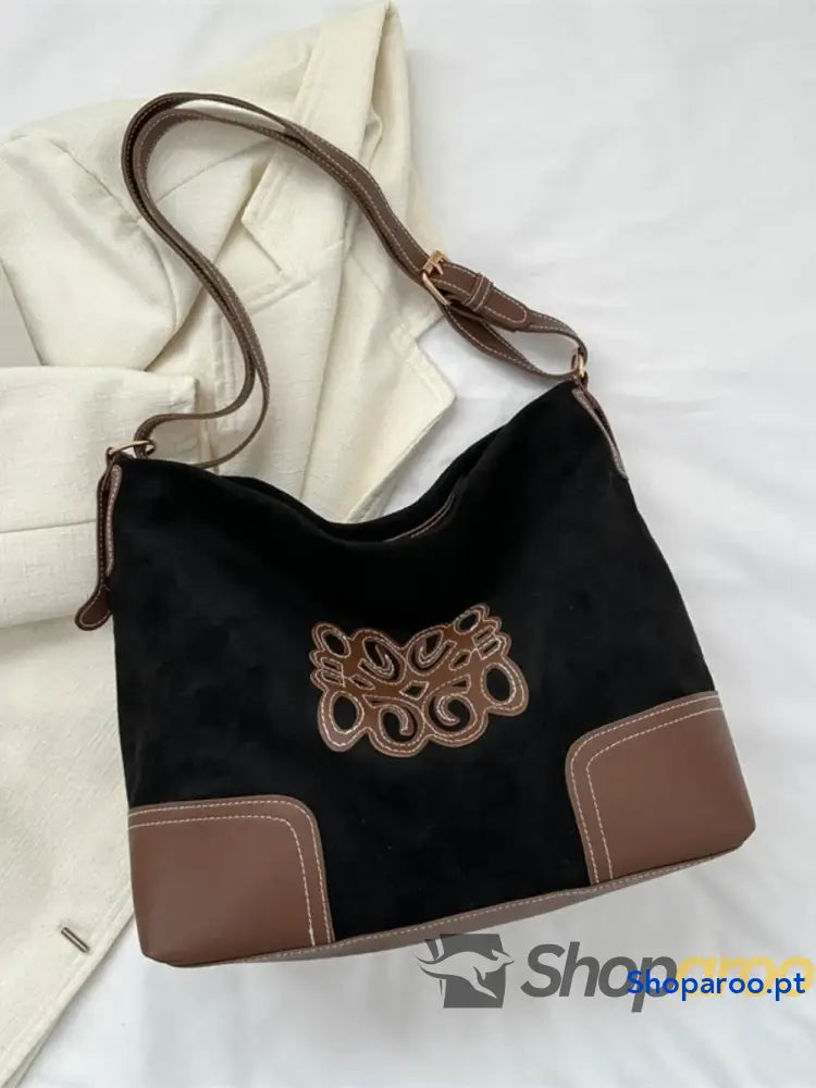 Suede Patch Adjustable Strap Tote Bag