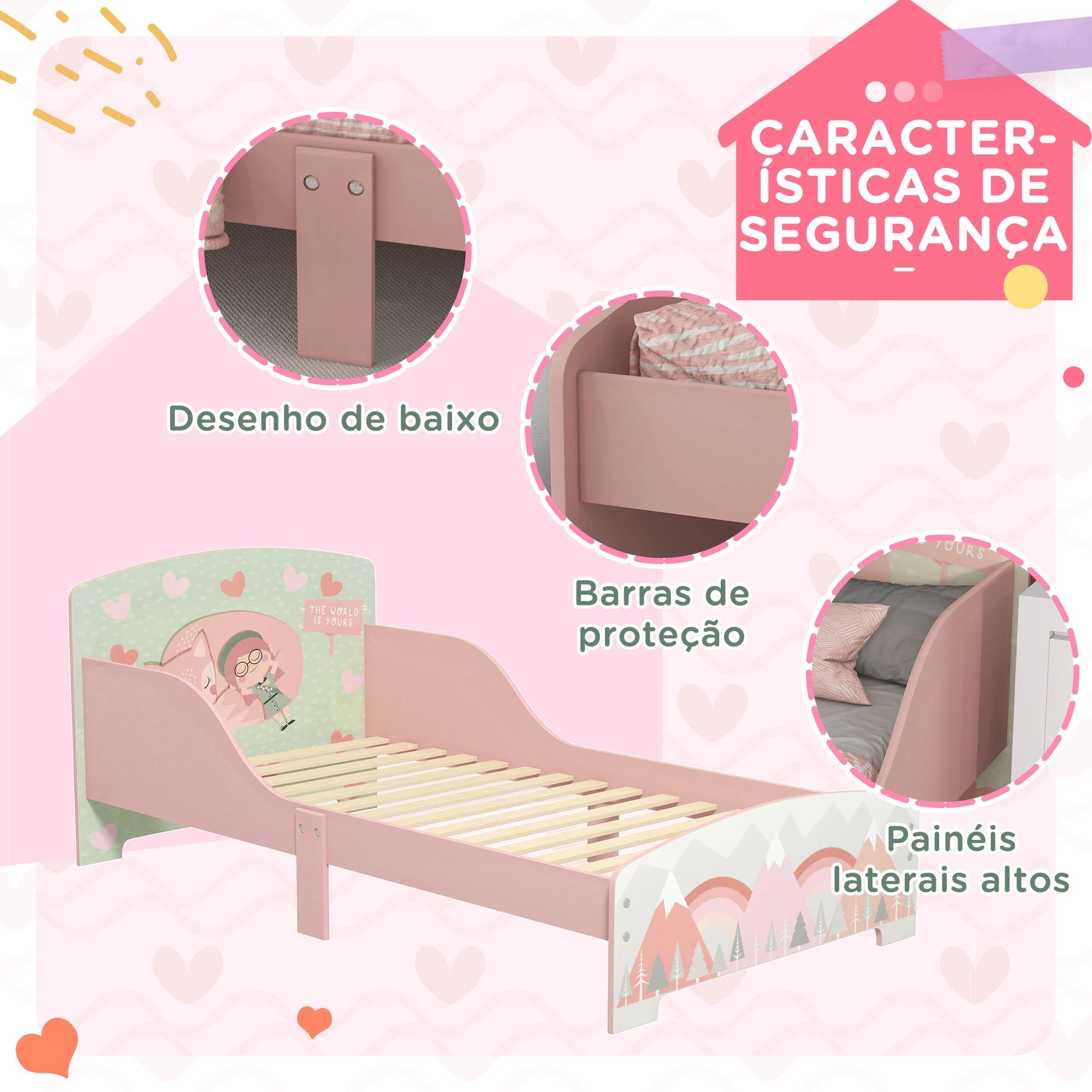 Cama para Crianças de Madeira com Barreira de Proteção e Estampados Carga Máx. 40 kg 143x77x60 cm Rosa