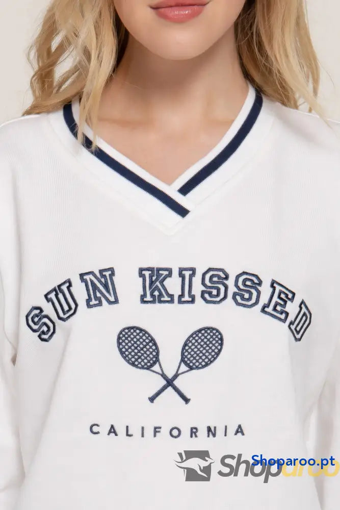 Sweatshirt de Manga Comprida com Decote em V Off White e Azul Marinho