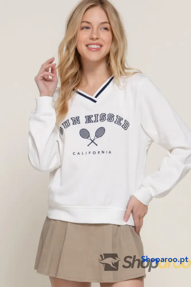 Sweatshirt de Manga Comprida com Decote em V Off White e Azul Marinho