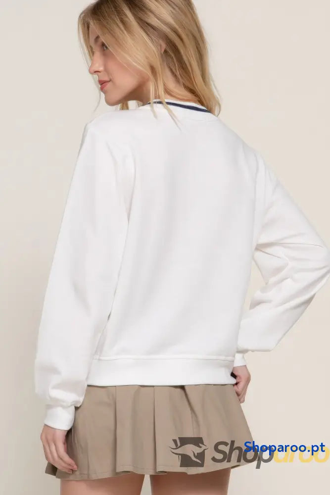 Sweatshirt de Manga Comprida com Decote em V Off White e Azul Marinho