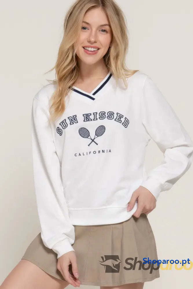 Sweatshirt de Manga Comprida com Decote em V Off White e Azul Marinho